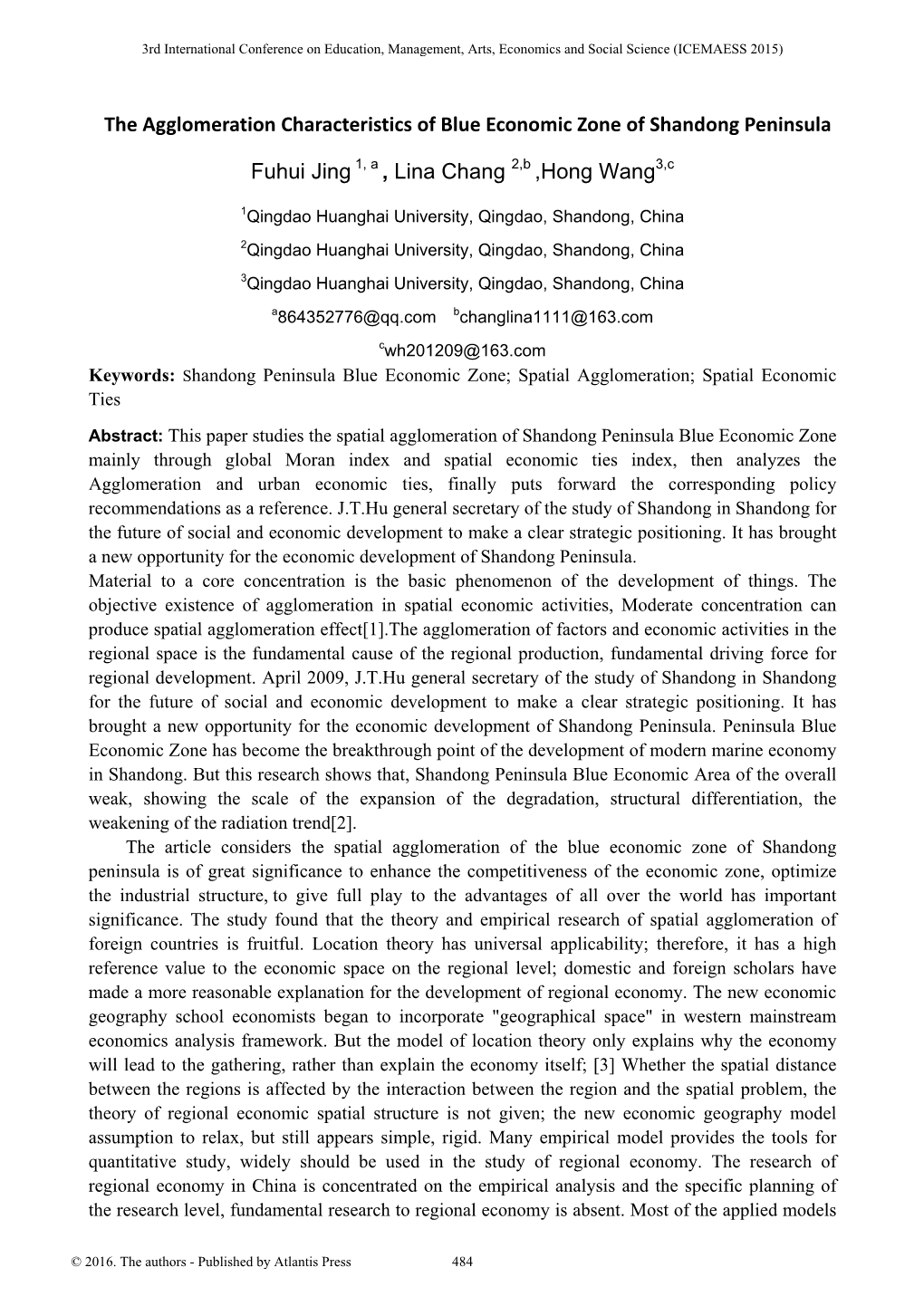 The Agglomeration Characteristics of Blue Economic Zone of Shandong Peninsula