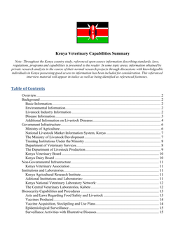 Kenya Veterinary Capabilities Summary Table of Contents
