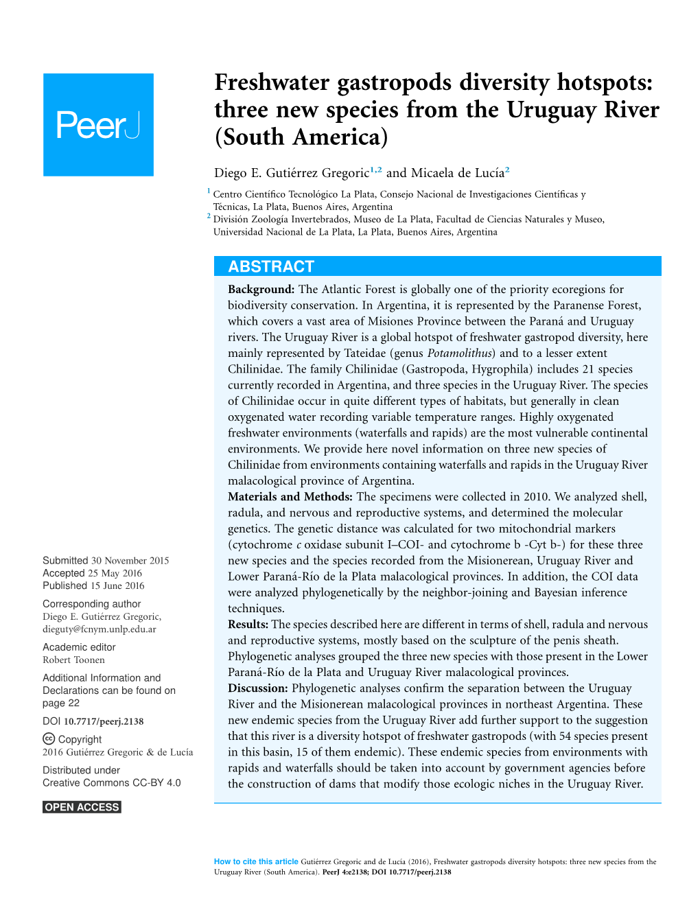 Freshwater Gastropods Diversity Hotspots: Three New Species from the Uruguay River (South America)