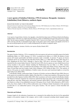 A New Species of Galathea Fabricius, 1793 (Crustacea: Decapoda: Anomura: Galatheidae) from Okinawa, Southern Japan