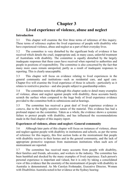 Chapter 3 Lived Experience of Violence, Abuse and Neglect Introduction 3.1 This Chapter Will Examine the First Three Terms of Reference of This Inquiry