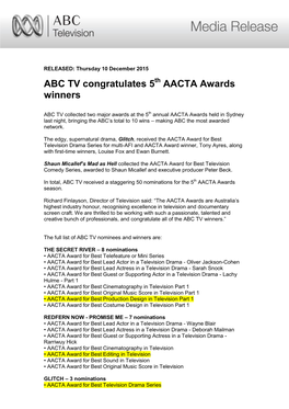 ABC TV Congratulates 5 AACTA Awards Winners