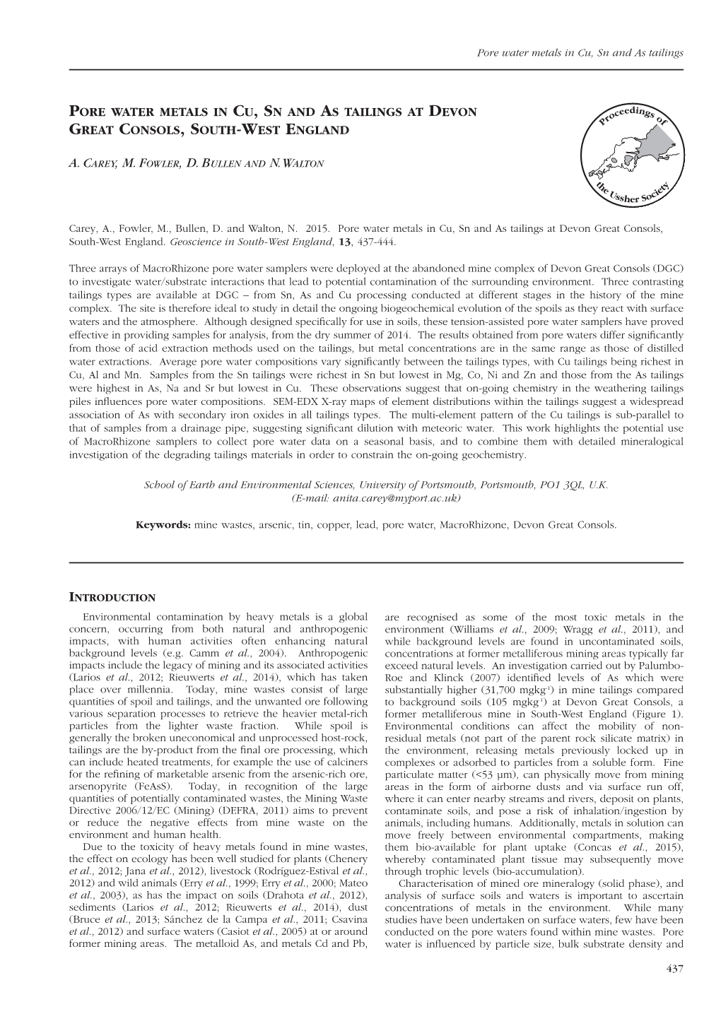 Pore Water Metals in Cu, Sn and As Tailings at Devon Great Consols, South-West England