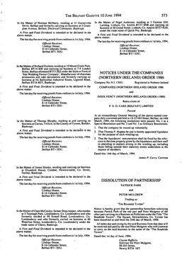 The Belfast Gazette 10 June 1994 Notices Under the Companies (Northern Ireland) Order 1986 Dissolution of Partnership