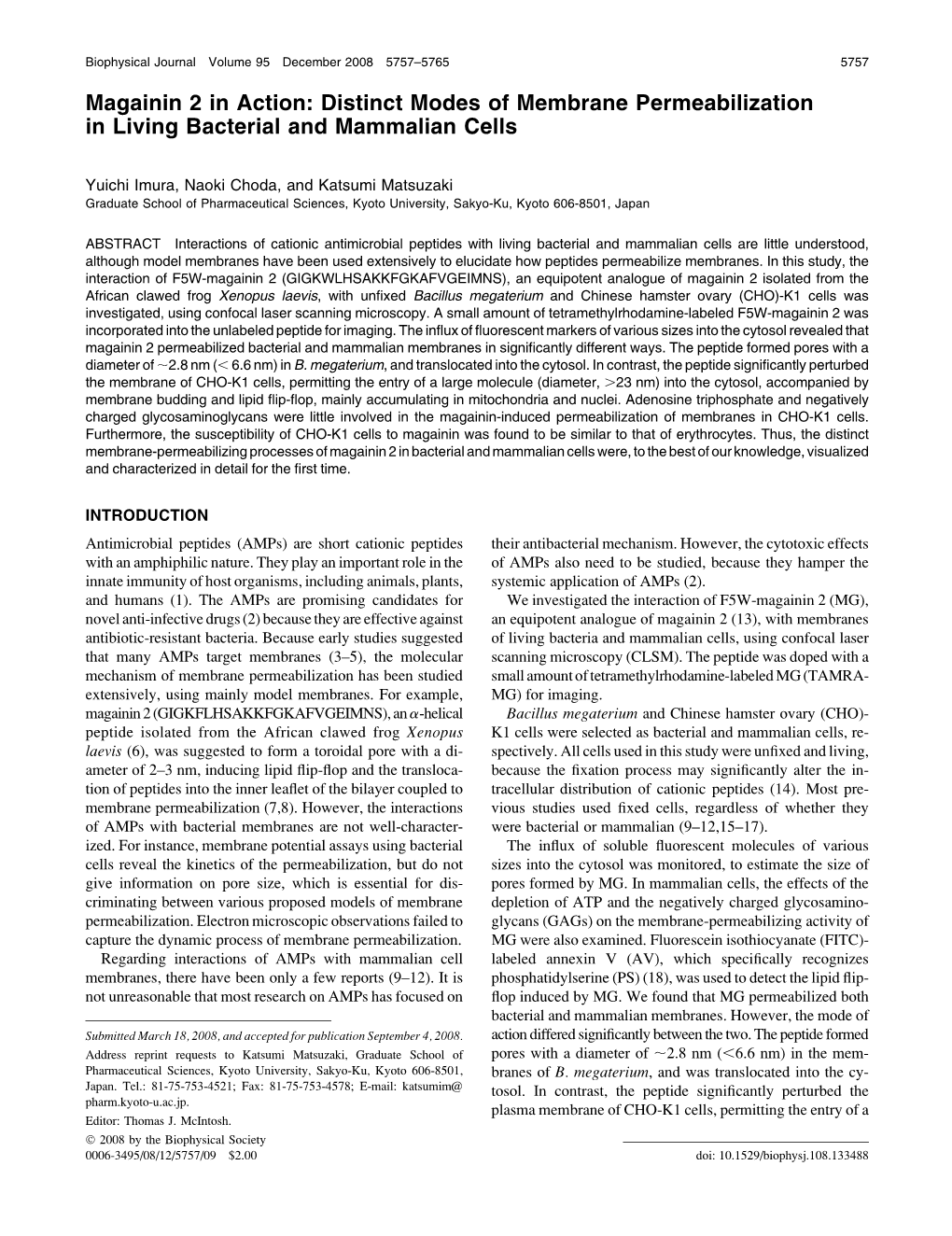 Magainin 2 in Action: Distinct Modes of Membrane Permeabilization in Living Bacterial and Mammalian Cells