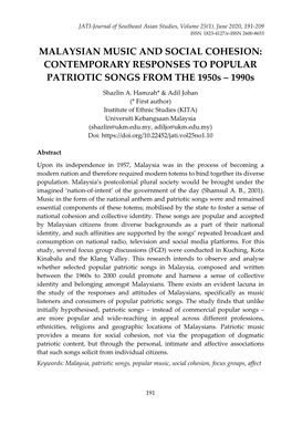 MALAYSIAN MUSIC and SOCIAL COHESION: CONTEMPORARY RESPONSES to POPULAR PATRIOTIC SONGS from the 1950S – 1990S