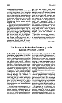 The Return of the Danilov Monastery to The. Russian Orthodox Church