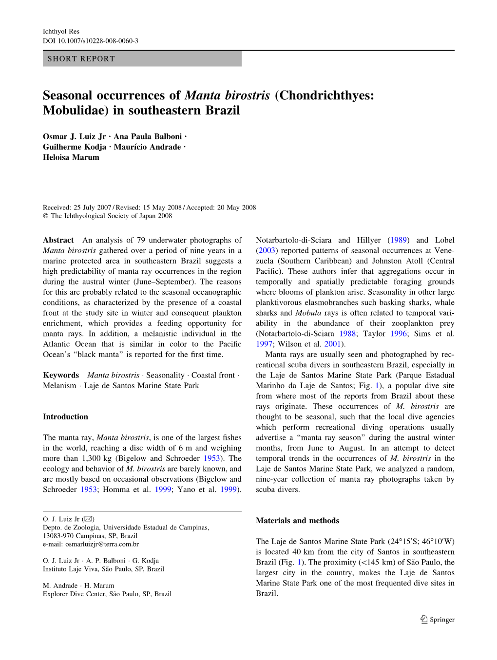 Seasonal Occurrences of Manta Birostris (Chondrichthyes: Mobulidae) in Southeastern Brazil