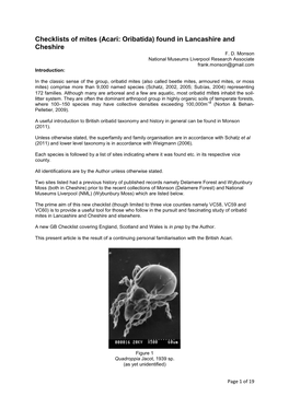 Checklists of Mites (Acari: Oribatida) Found in Lancashire and Cheshire F