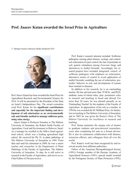 Prof. Jaacov Katan Awarded the Israel Prize in Agriculture