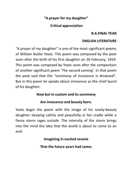 “A Prayer for My Daughter” Critical Appreciation B.A.FINAL YEAR