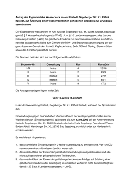 Antrag Des Eigenbetriebs Wasserwerk Im Amt Itzstedt, Segeberger Str. 41