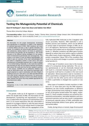 Testing the Mutagenicity Potential of Chemicals Geert R Verheyen*, Koen Van Deun and Sabine Van Miert