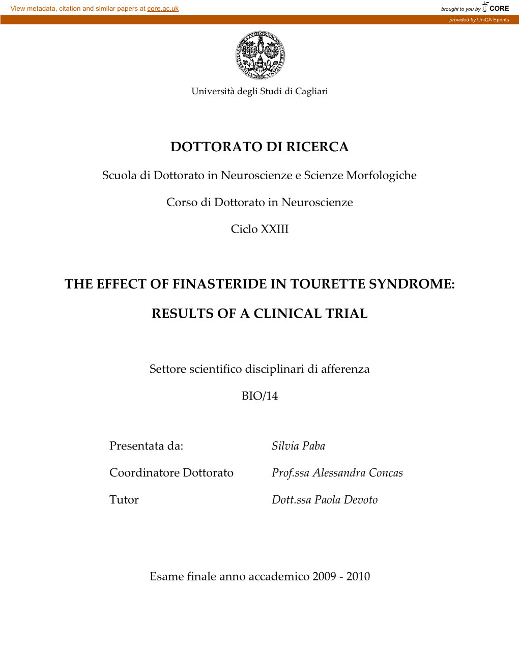 Dottorato Di Ricerca the Effect of Finasteride