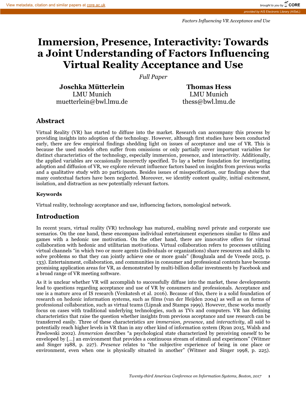 Immersion, Presence, Interactivity: Towards a Joint Understanding of Factors Influencing Virtual Reality Acceptance And