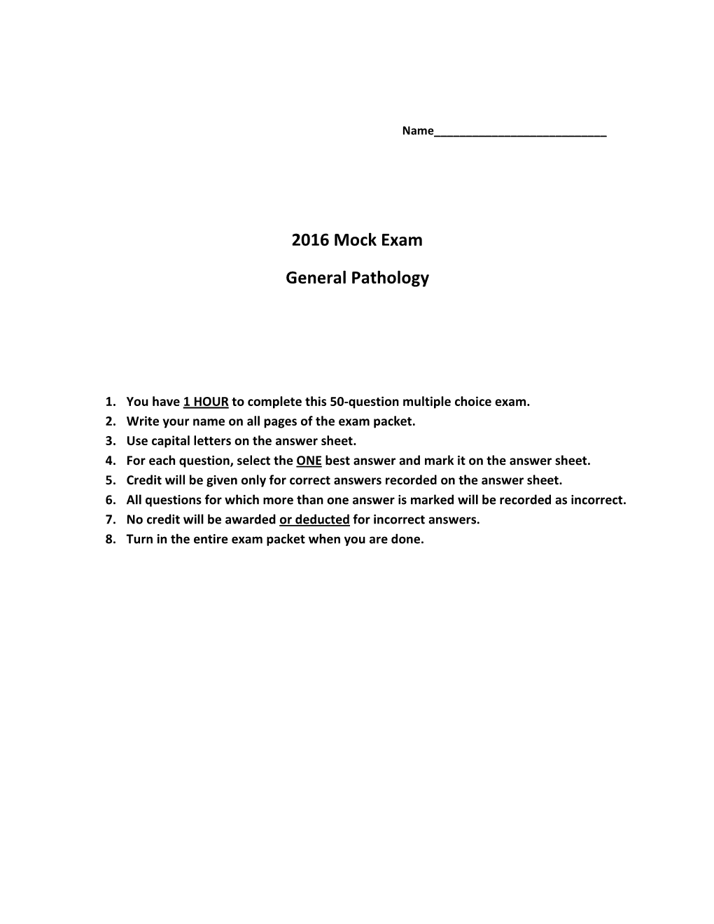 2016 Mock Exam General Pathology Answer Sheet