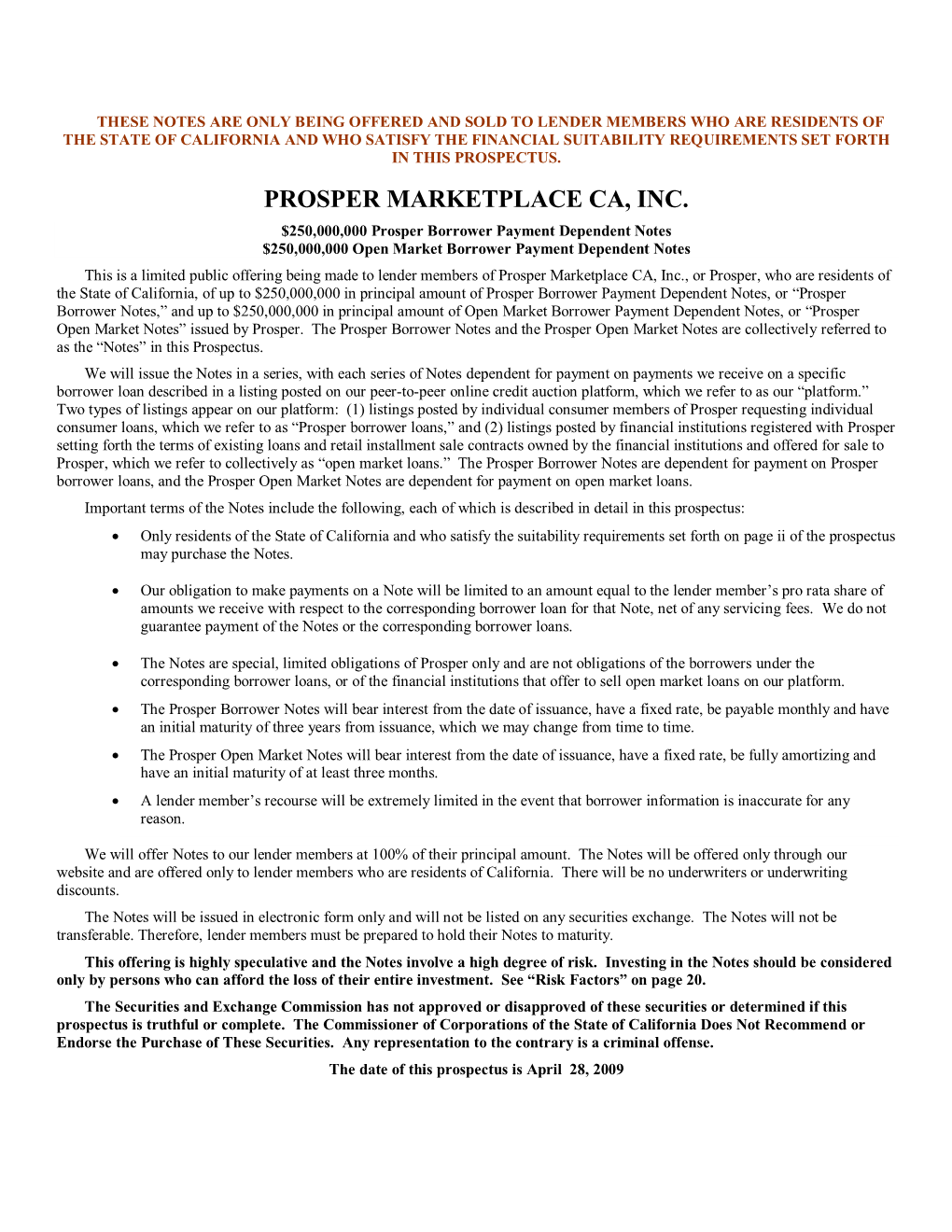 Prosper Marketplace Ca, Inc