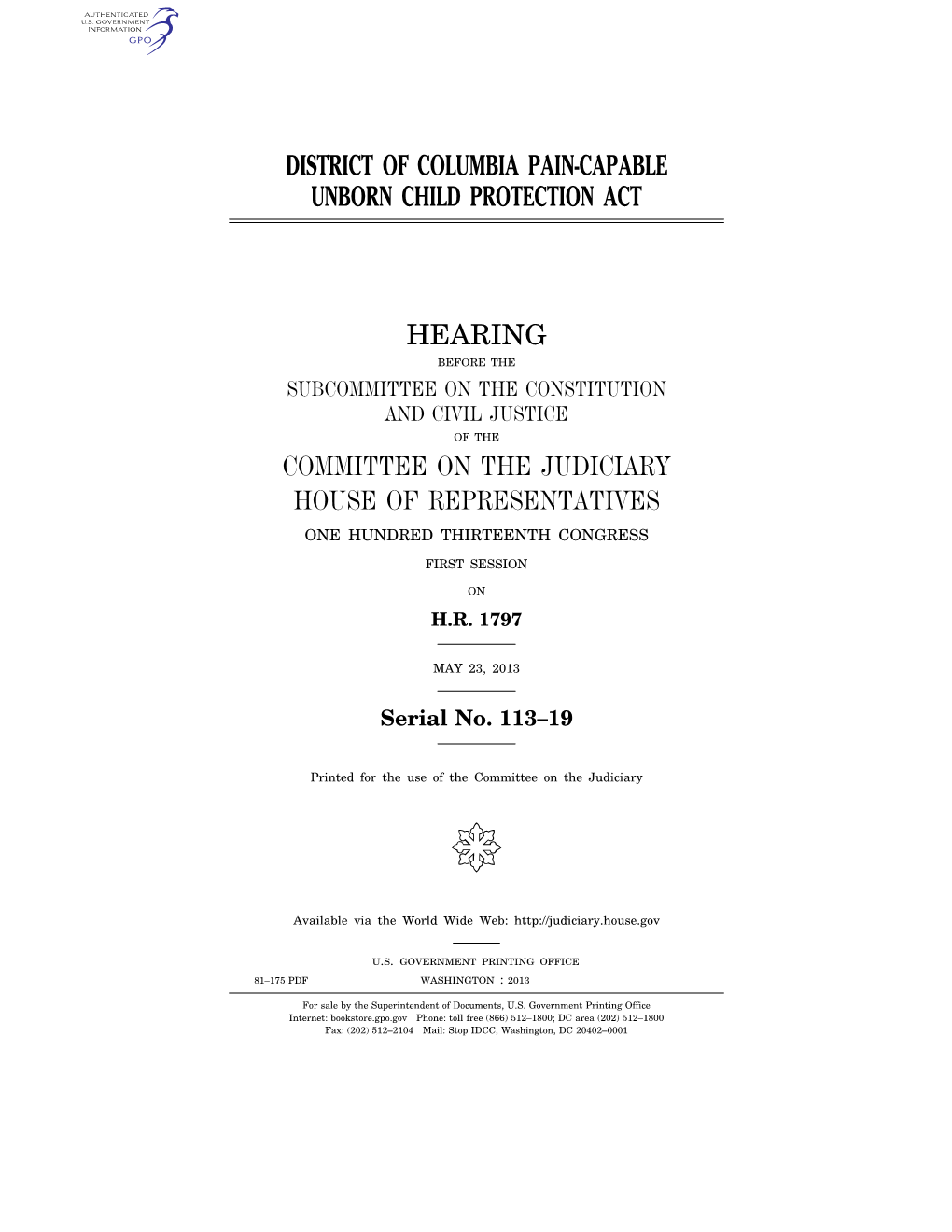 District of Columbia Pain-Capable Unborn Child Protection Act Hearing Committee on the Judiciary House of Representatives