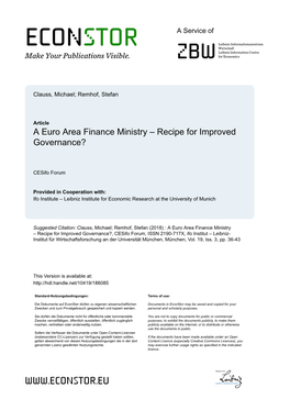 A Euro Area Finance Ministry – Recipe for Improved Governance?