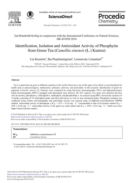 Identification, Isolation and Antioxidant Activity of Pheophytin from Green Tea (Camellia Sinensis (L.) Kuntze)