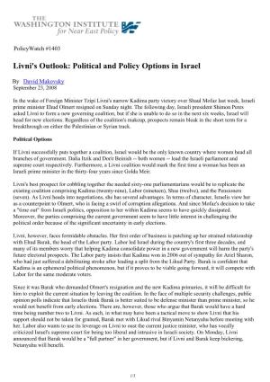 Livni's Outlook: Political and Policy Options in Israel