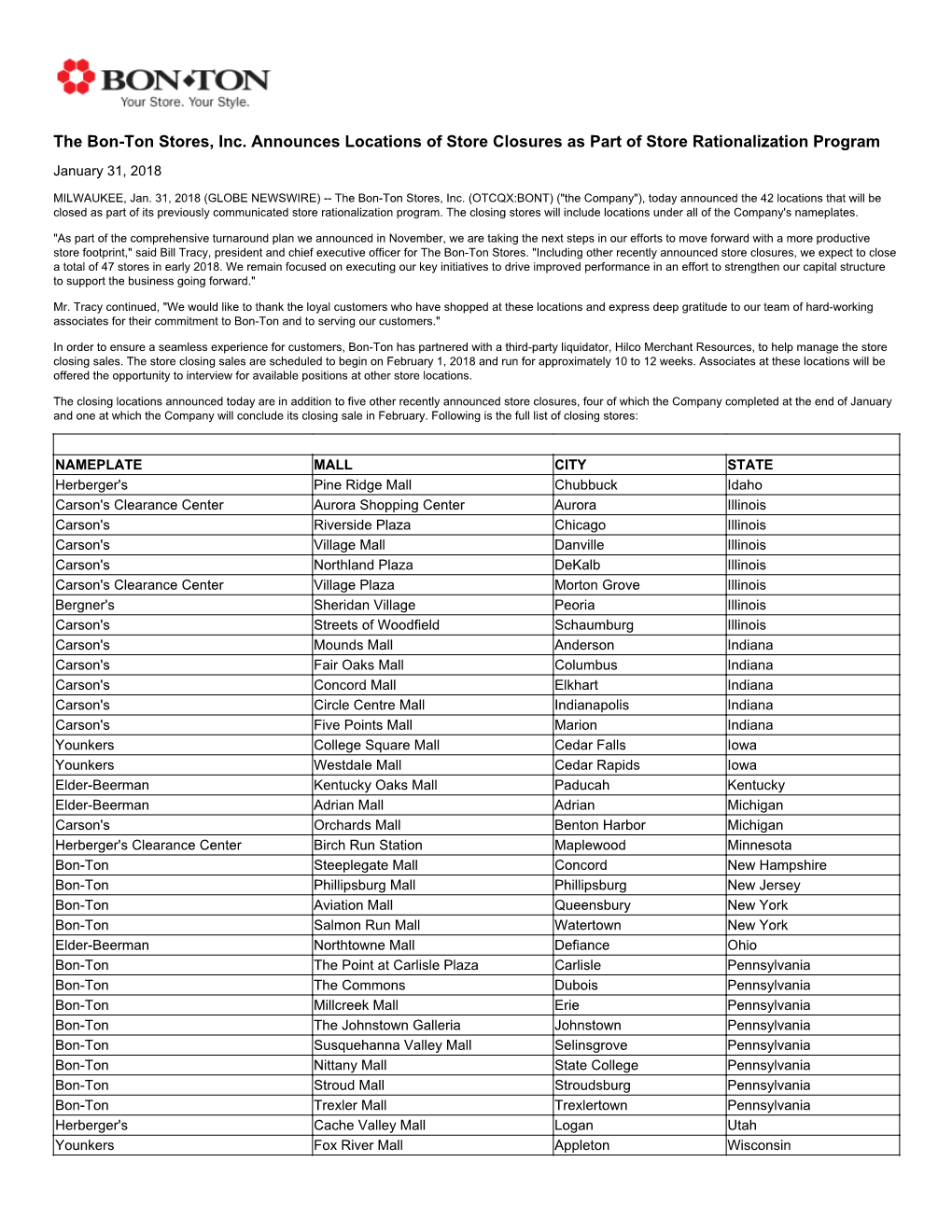 The Bon-Ton Stores, Inc. Announces Locations of Store Closures As Part of Store Rationalization Program