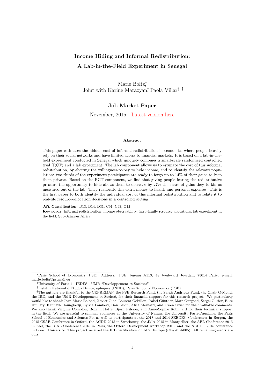 Income Hiding and Informal Redistribution: a Lab-In-The-Field Experiment in Senegal