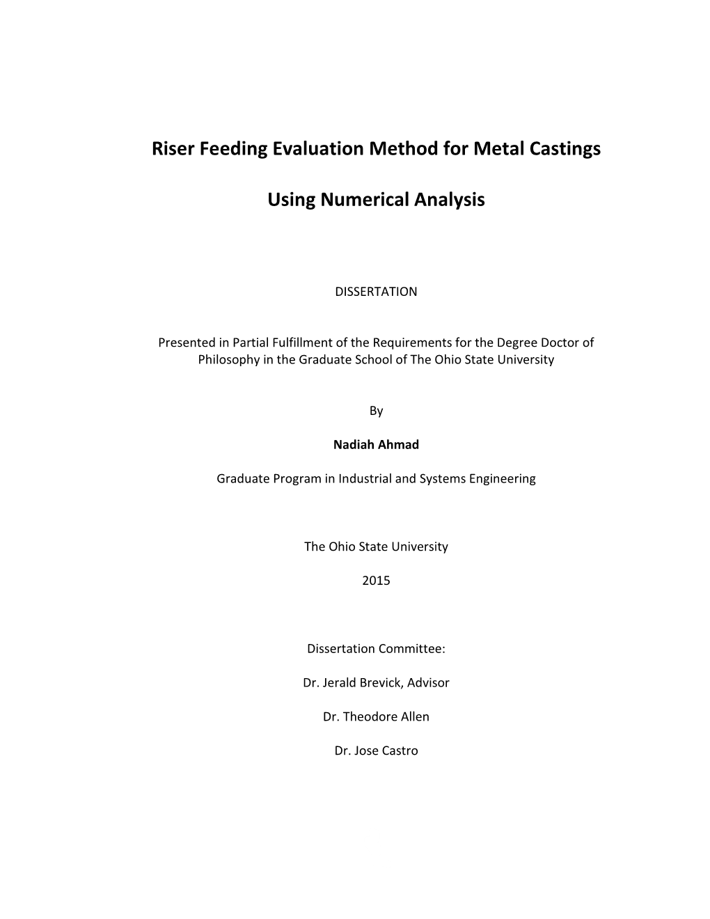 Riser Feeding Evaluation Method for Metal Castings Using