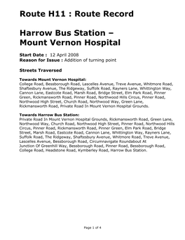 Route H11 : Route Record Harrow Bus Station – Mount Vernon Hospital
