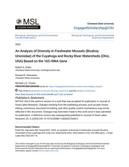 (Bivalvia: Unionidae) of the Cuyahoga and Rocky River Watersheds (Ohio, USA) Based on the 16S Rrna Gene