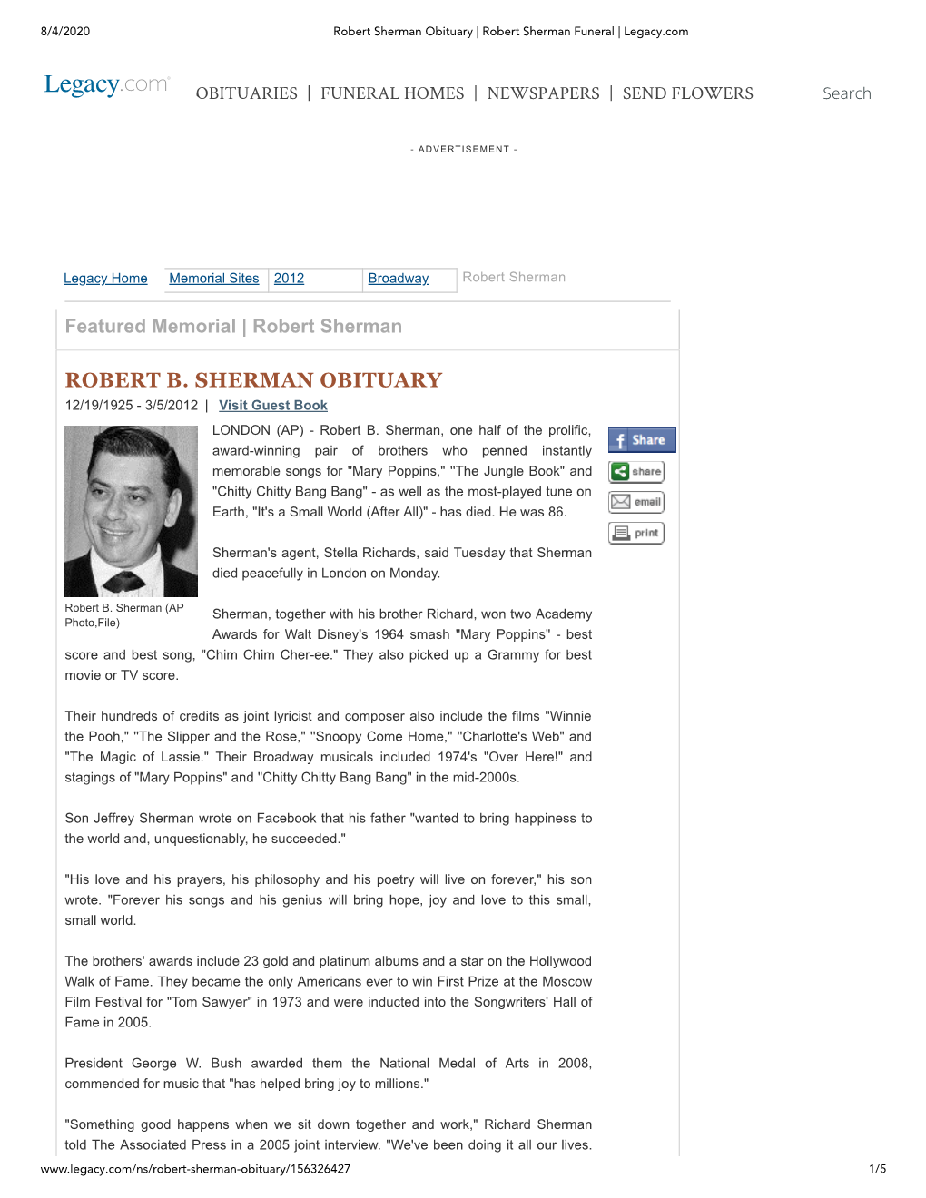 ROBERT B. SHERMAN OBITUARY 12/19/1925 - 3/5/2012 | Visit Guest Book LONDON (AP) - Robert B