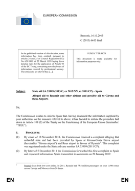 State Aid SA.33909 (2013/C, Ex 2013/NN, Ex 2011/CP) – Spain Alleged Aid to Ryanair and Other Airlines and Possible Aid to Girona and Reus Airports