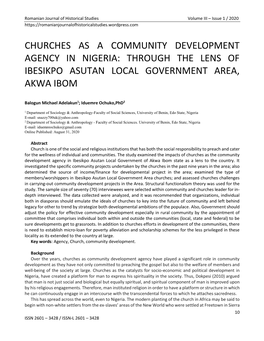 Churches As a Community Development Agency in Nigeria: Through the Lens of Ibesikpo Asutan Local Government Area, Akwa Ibom