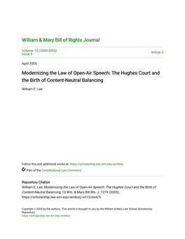 Modernizing the Law of Open-Air Speech: the Hughes Court and the Birth of Content-Neutral Balancing