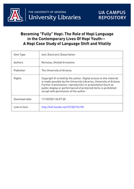 Becoming “Fully” Hopi: the Role of the Hopi Language in the Contemporary Lives of Hopi Youth