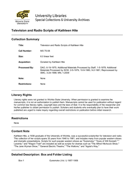 Television and Radio Scripts of Kathleen Hite