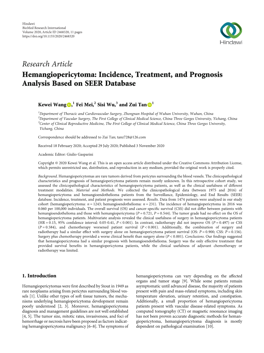 Hemangiopericytoma: Incidence, Treatment, and Prognosis Analysis Based on SEER Database