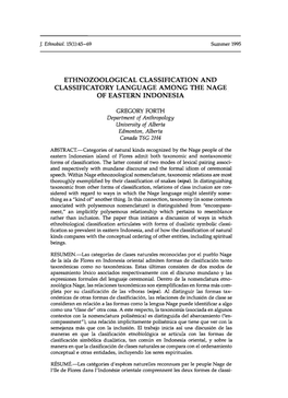 Ethnozoological Classification and Classificatory Language Among the Nage of Eastern Indonesia
