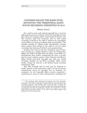 Revisiting the Terrestrial Radio Sound Recording Exemption in 2015