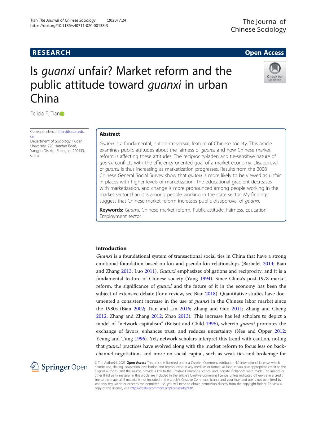 Is Guanxi Unfair? Market Reform and the Public Attitude Toward Guanxi in Urban China Felicia F