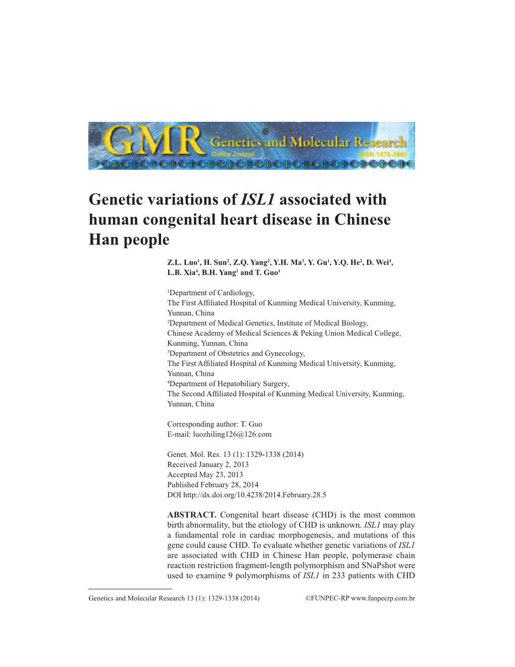 Genetic Variations of ISL1 Associated with Human Congenital Heart Disease in Chinese Han People