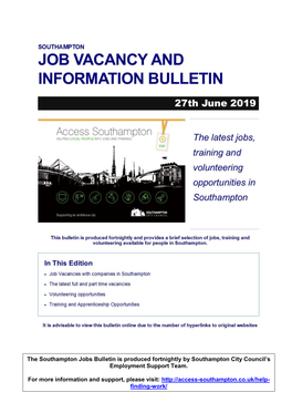 Southampton Jobs Bulletin Is Produced Fortnightly by Southampton City Council’S Employment Support Team