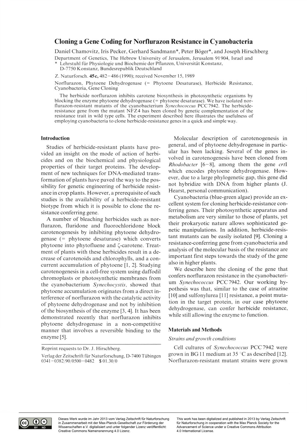 Cloning a Gene Coding for Norflurazon Resistance in Cyanobacteria