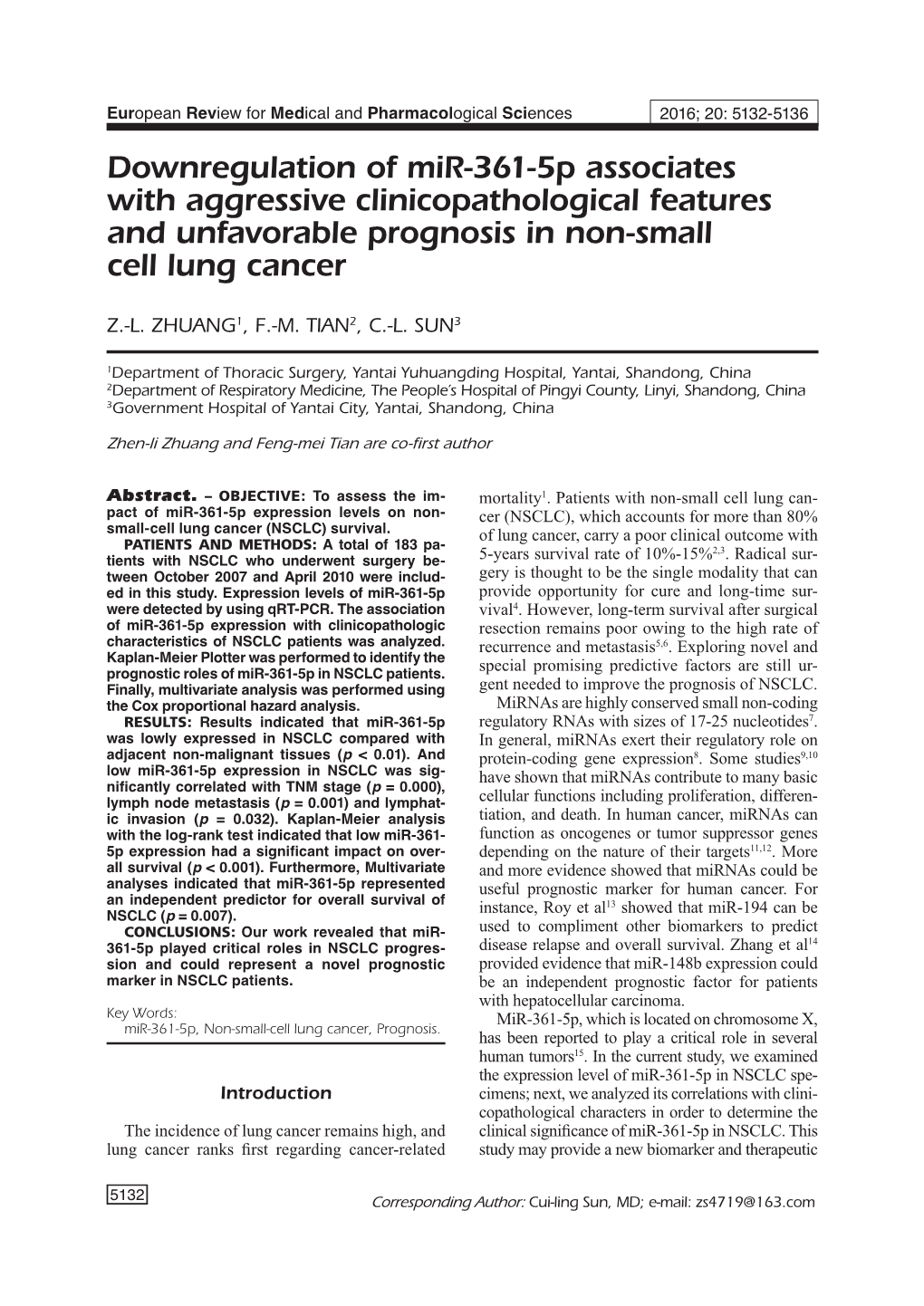 Downregulation of Mir-361-5P in NSCLC