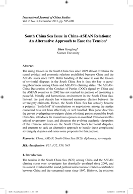 South China Sea Issue in China-ASEAN Relations: an Alternative Approach to Ease the Tension+