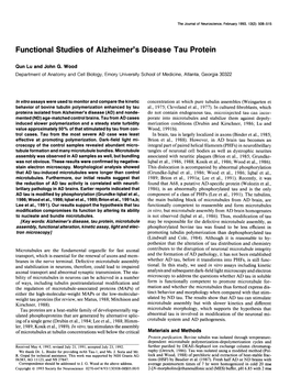 Functional Studies of Alzheimer's Disease Tau Protein