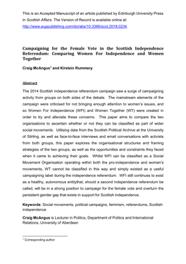 Campaigning for the Female Vote in the Scottish Independence Referendum: Comparing Women for Independence and Women Together