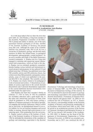 135 Since 1961 in MEMORIAM Farewell to Academician Anto Raukas BALTICA Volume 34 Number 1 June 2021: 135–136