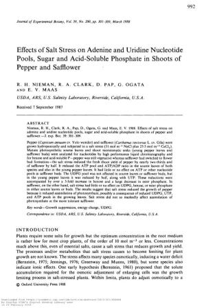 Effects of Salt Stress on Adenine and Uridine Nucleotide Pools, Sugar and Acid-Soluble Phosphate in Shoots of Pepper and Safflower