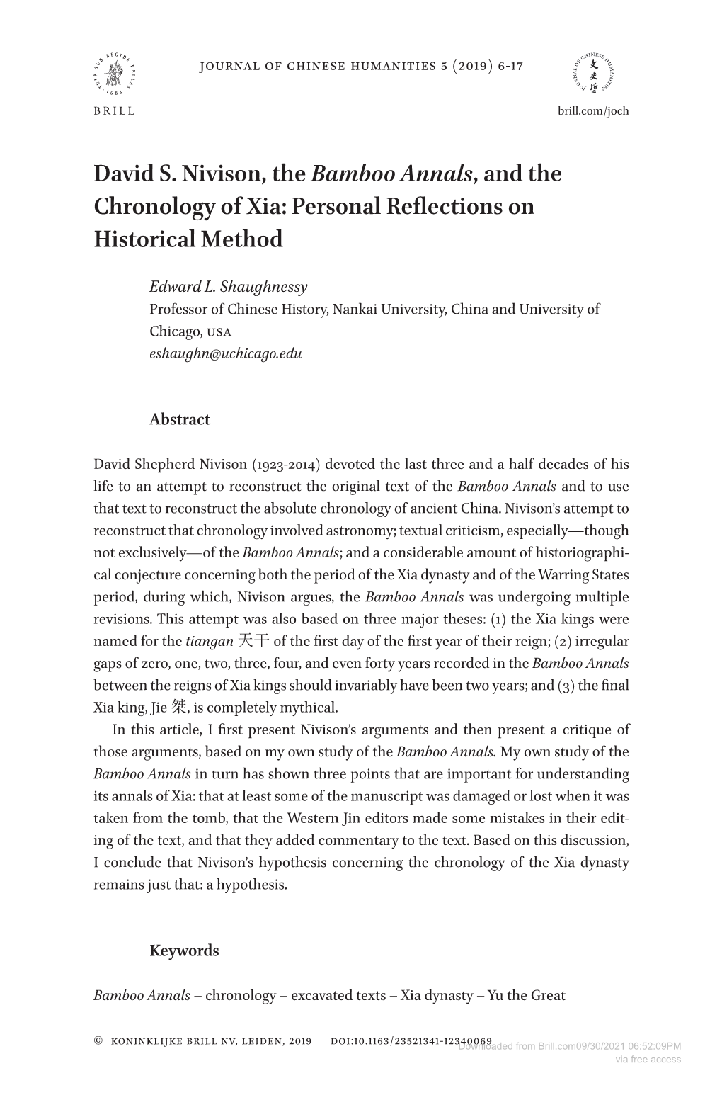 David S. Nivison, the Bamboo Annals, and the Chronology of Xia: Personal Reflections on Historical Method